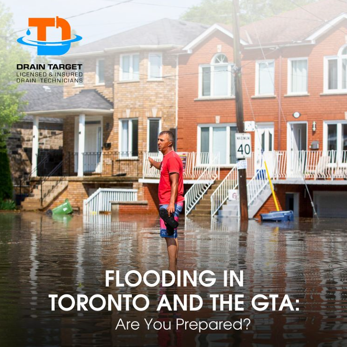 A man stands in knee-deep water in a flooded residential street in Toronto, highlighting the need for flood prevention and drainage solutions. The image features the Drain Target logo, emphasizing their 24/7 emergency plumbing services, including drain installation, clogged drain cleaning, sump pump repair, and basement waterproofing. Protect your home with reliable, budget-friendly services from Toronto's top-rated plumbing company.