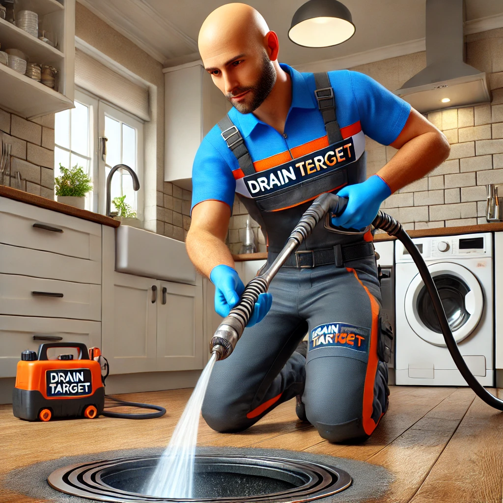 A plumber from Drain Target using hydro jetting to remove drain clogs in a residential kitchen.