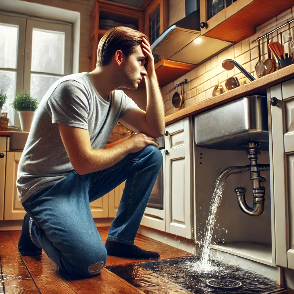 A worried customer in a residential kitchen, frustrated by a clogged pipe and water overflowing from the sink.