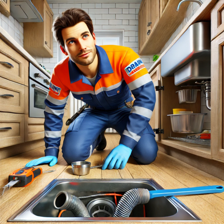 a Drain Target plumber in a blue and orange uniform working under a kitchen sink. The plumber is using tools to address a clogged drain, with the Drain Target logo clearly visible on the uniform. The kitchen setting includes cabinets, a sink, and typical household items, emphasizing the professional drain cleaning service provided by Drain Target.