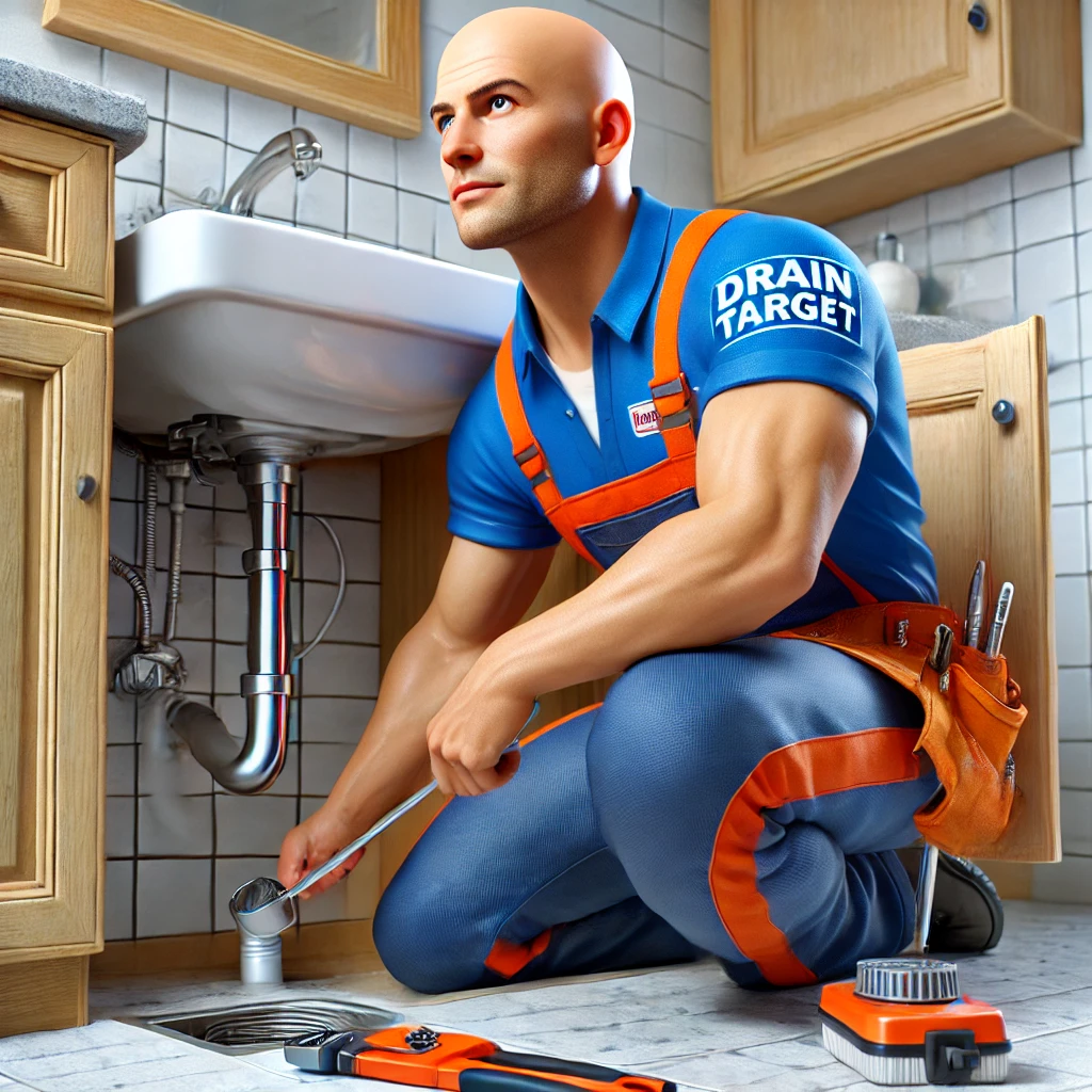 A highly realistic image of a bald plumber from Drain Target working under a sink in a residential bathroom. The plumber is in a blue and orange uniform with a clearly visible Drain Target logo, using tools to fix the plumbing issue.