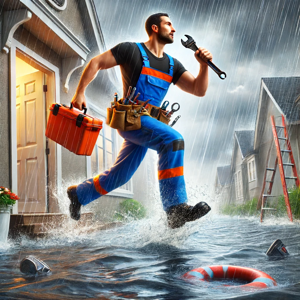 Drain Target plumber running through a flooded residential street in heavy rain. The plumber, in a blue and orange uniform with a tool belt and toolbox, is heading towards a house to address a plumbing emergency.