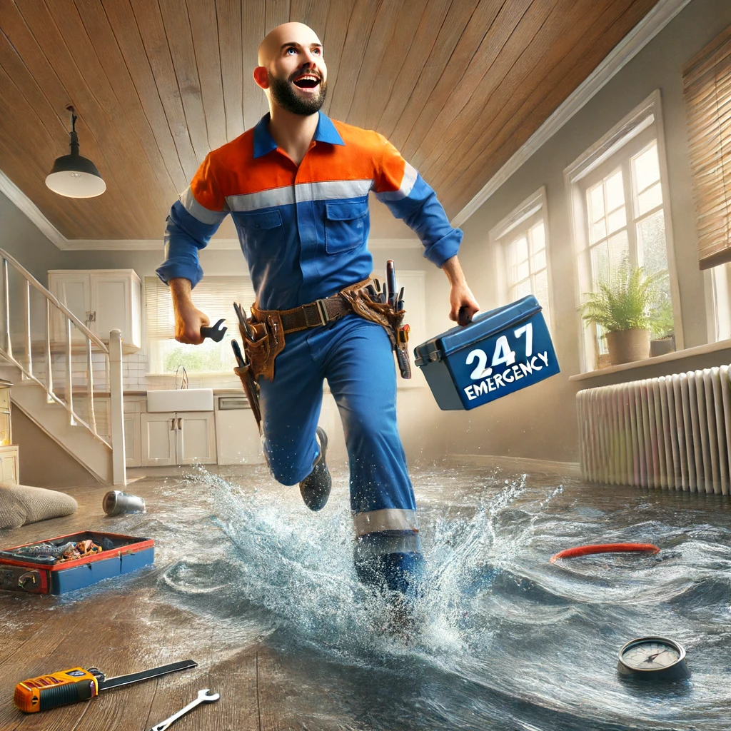 An image of a Drain Target plumber running through a flooded living room. The plumber is in a blue and orange uniform with a clearly visible Drain Target logo, carries a toolbox labeled "24/7 Emergency."