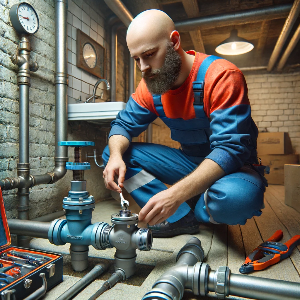 An image of a plumber from Drain Target working on pipes in a residential basement. The plumber is dressed in a blue and orange uniform, using tools to adjust plumbing fittings.