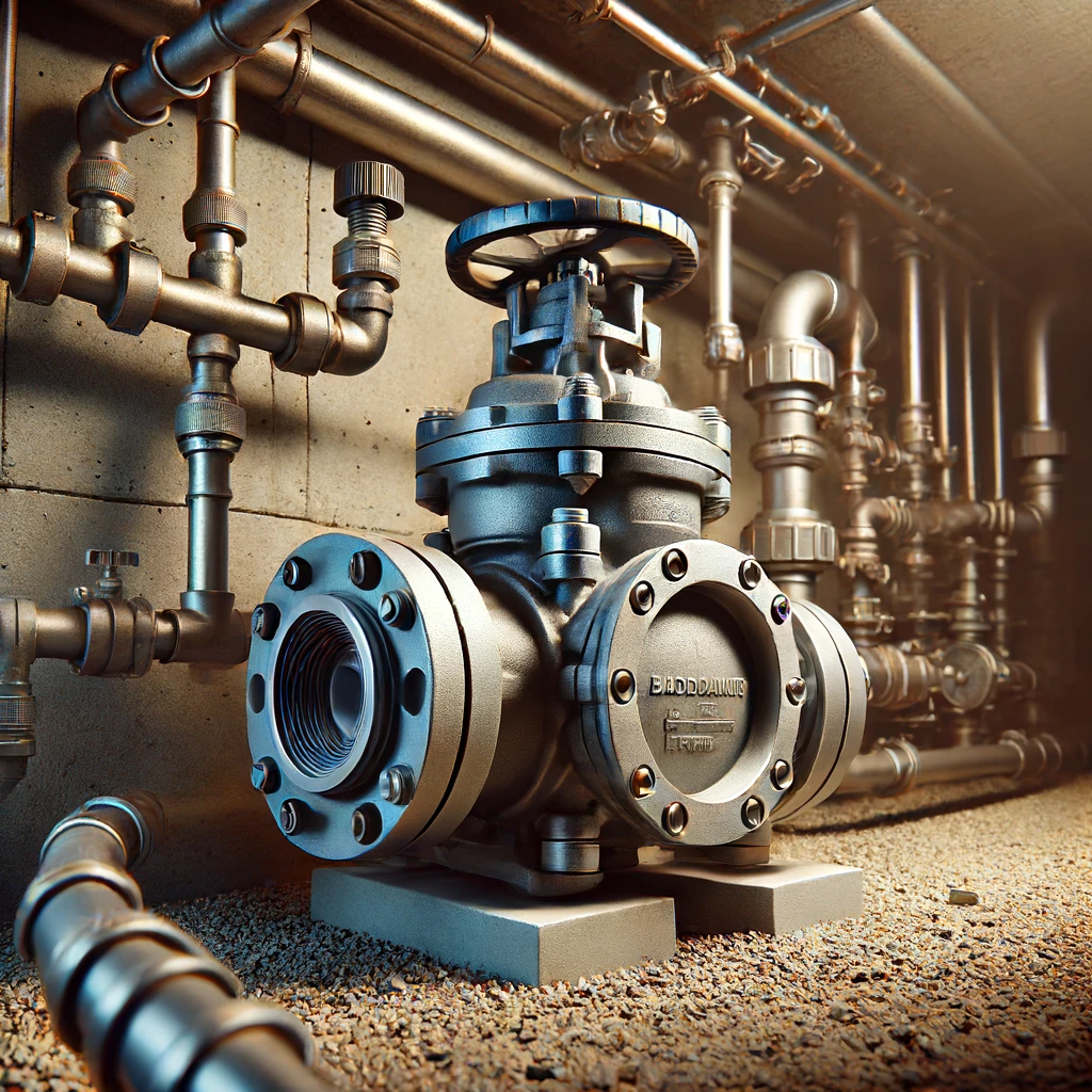 A highly realistic image of a large industrial-grade plumbing valve installed in a basement, showcasing intricate pipework and robust construction.