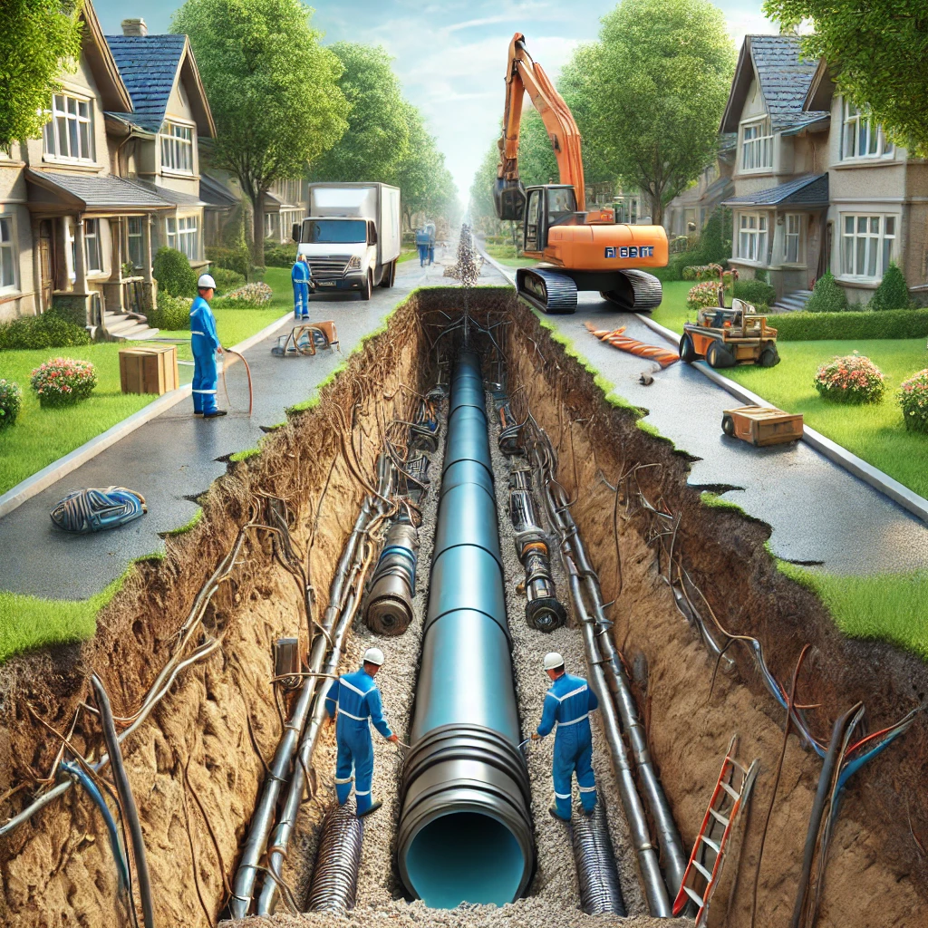 A highly realistic image of trenchless pipe bursting in a residential neighborhood, showing two small holes in the ground, machinery, and workers in blue uniforms handling the equipment.