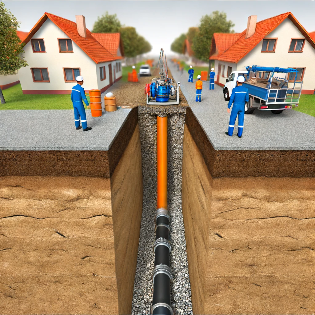 An image of trenchless pipe bursting in a residential neighborhood, showing workers in blue uniforms managing equipment and a cross-section of the underground pipe replacement process.