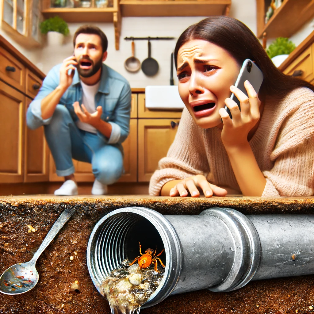 A couple distressed over a clogged drain, calling Drain Target for emergency plumbing services.