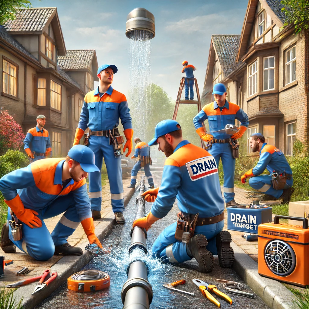 A team of Drain Target plumbers working together on a street to repair a large drainage system with Low Water Pressure, showcasing their professionalism and advanced equipment.