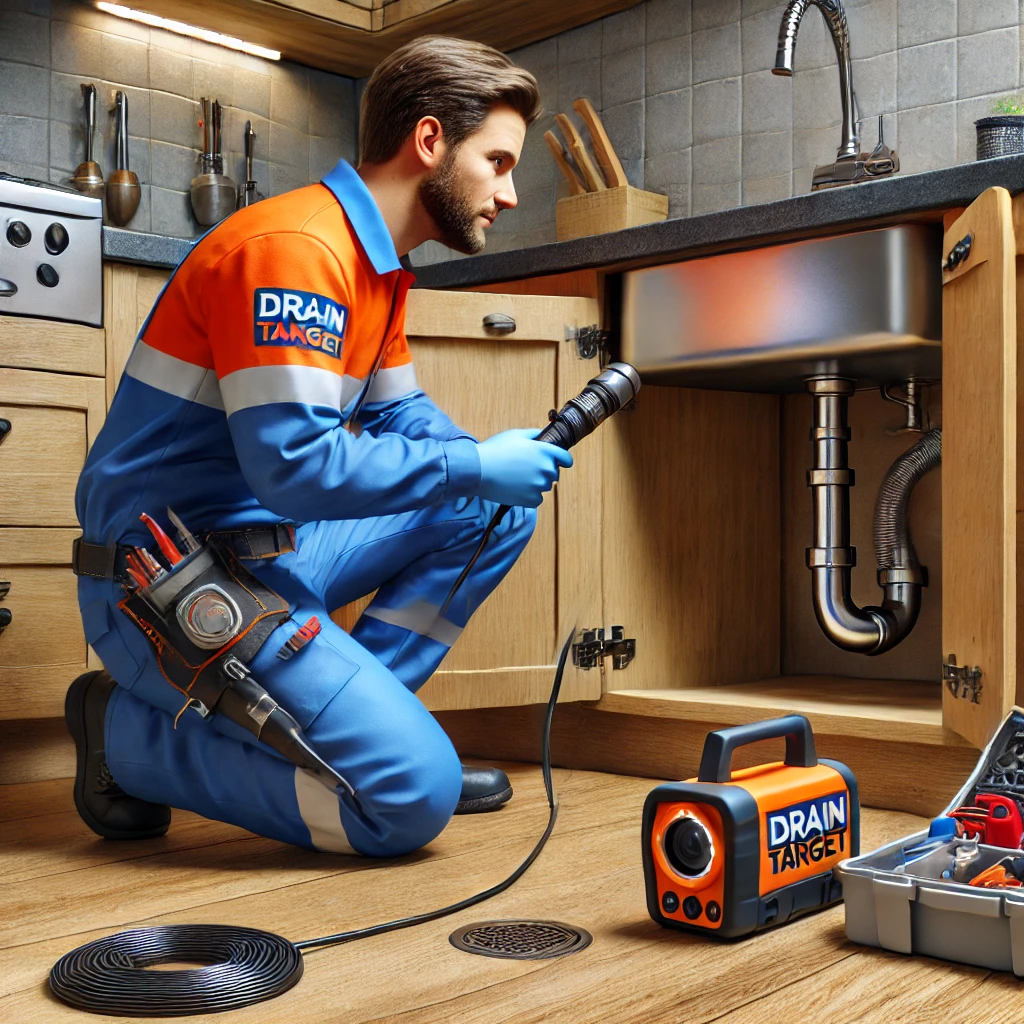 A Drain Target plumber, dressed in a blue and orange uniform, performing a detailed drain inspection under a sink using advanced tools and camera equipment.