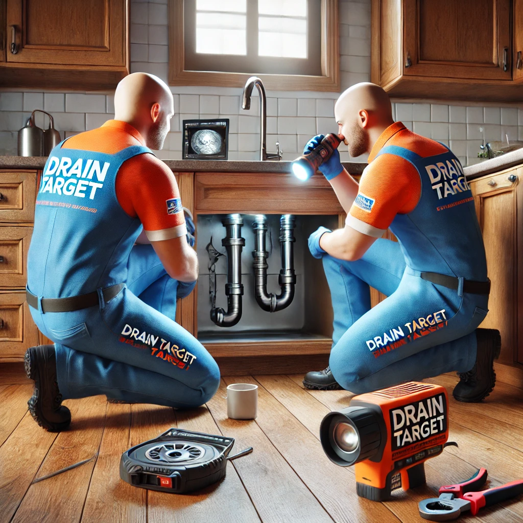 Two plumbers from Drain Target using advanced inspection tools to conduct a drain inspection and find a hidden leak under a kitchen sink.