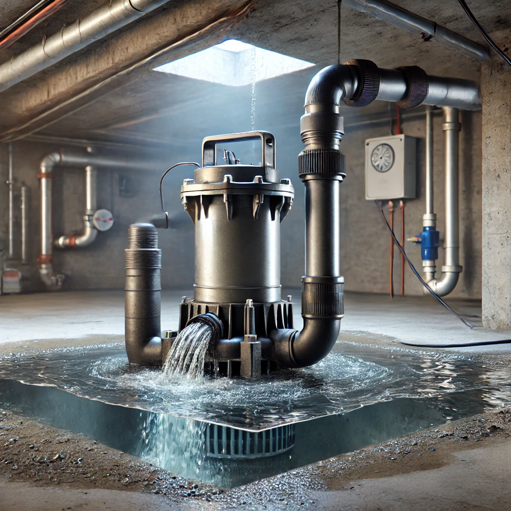 A highly realistic image showing a sump pump in action, actively pumping water from a pit in a residential basement.