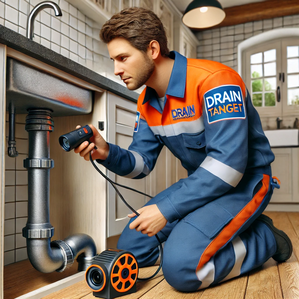 A Drain Target plumber using a camera inspection tool to check a blocked pipe in a residential kitchen.