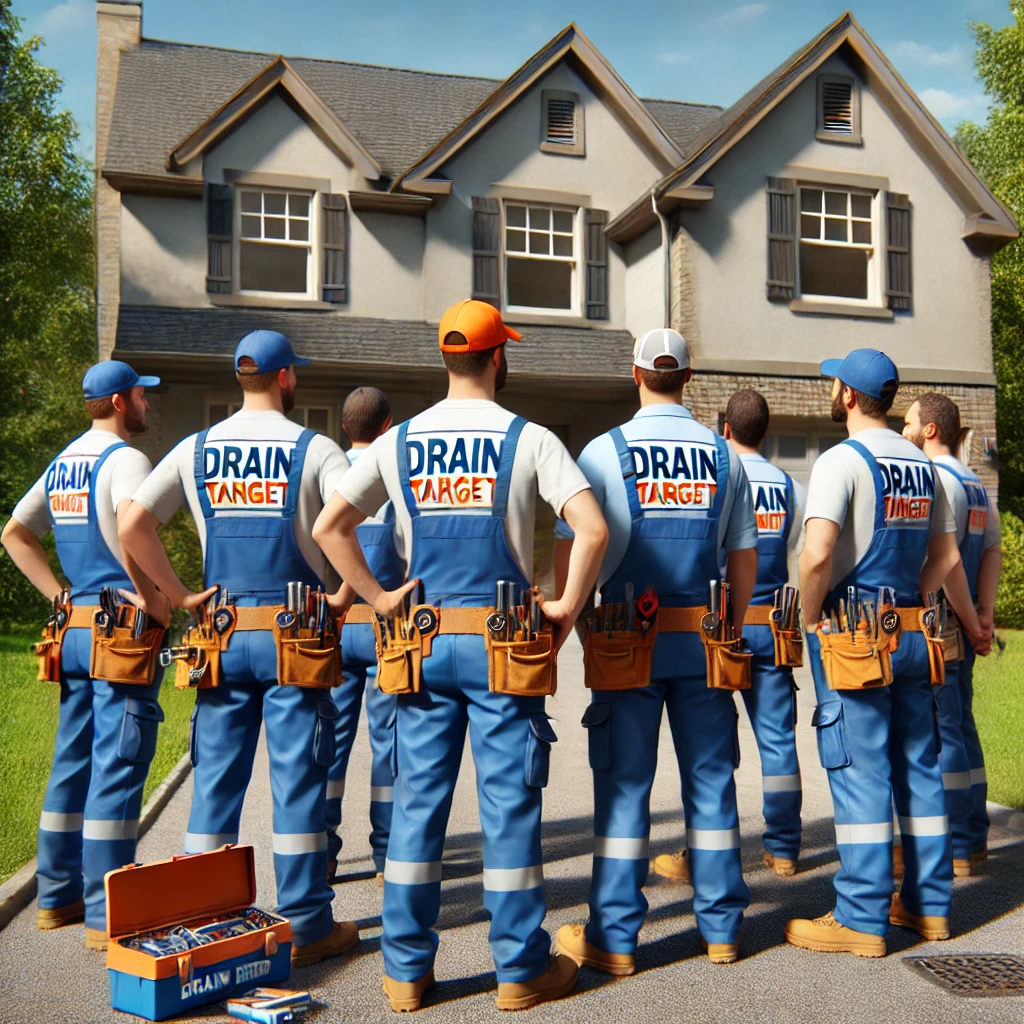 A group of plumbers from Drain Target, dressed in blue and orange uniforms, standing together and facing a residential house, discussing a plumbing project regarding the blocked pipes